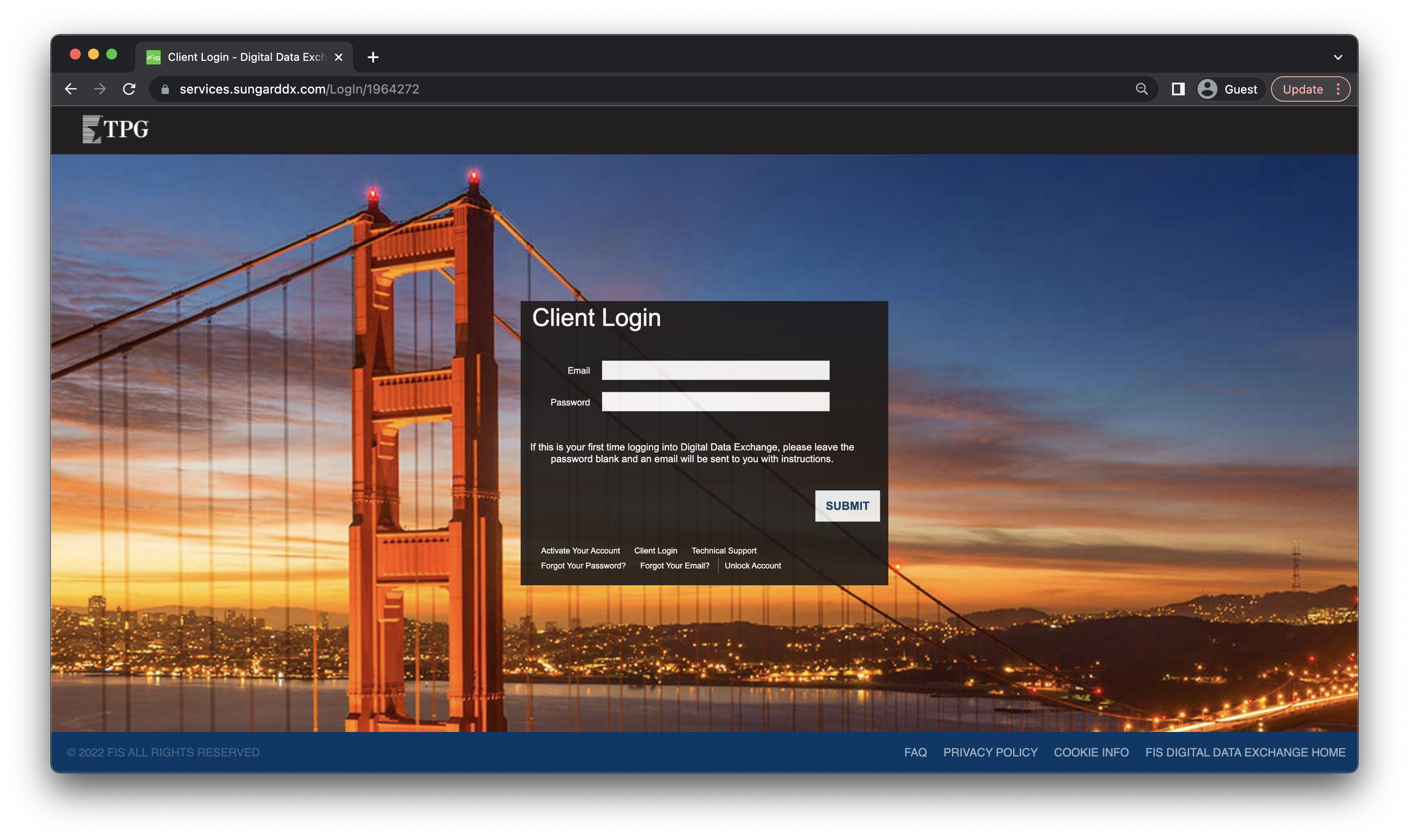 Screenshot of a web page for client login at a digital data exchange with a background image of the Golden Gate Bridge at sunset.