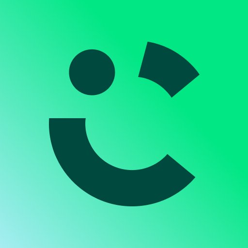 Abstract logo with a stylized smiling face on a green gradient background.