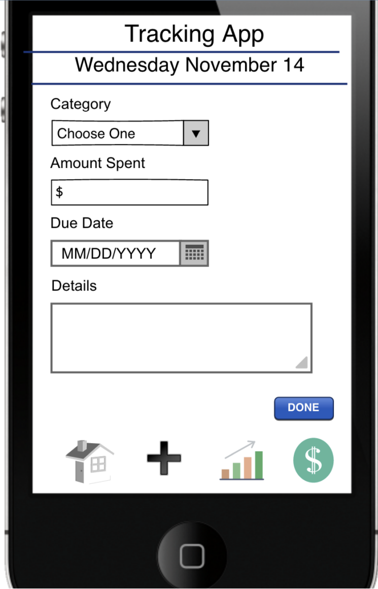A smartphone screen displays a budget tracking app form for Wednesday, November 14, with fields for category, amount spent, due date, and details. There are icons at the bottom for home, add, analytics, and financial info.