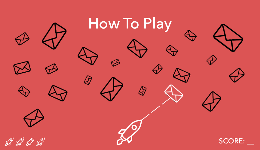 A digital illustration showing a rocket launching a white envelope into a sky filled with black outline envelopes, with the title 'How To Play' at the top and a 'SCORE' section at the bottom.