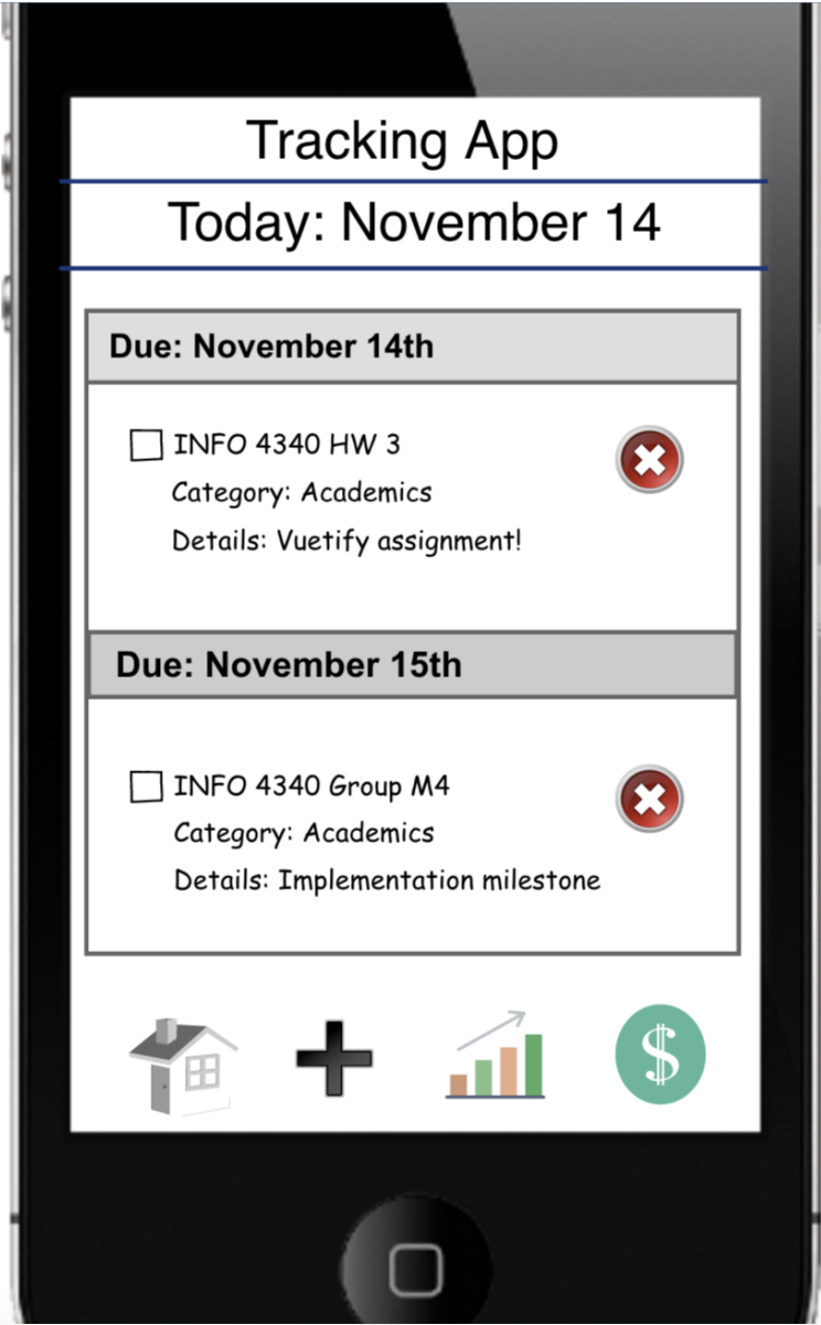 A smartphone screen displaying a task-tracking app with upcoming homework assignments, featuring checkboxes, category and details, navigation icons at the bottom for home, add, analytics, and finance.