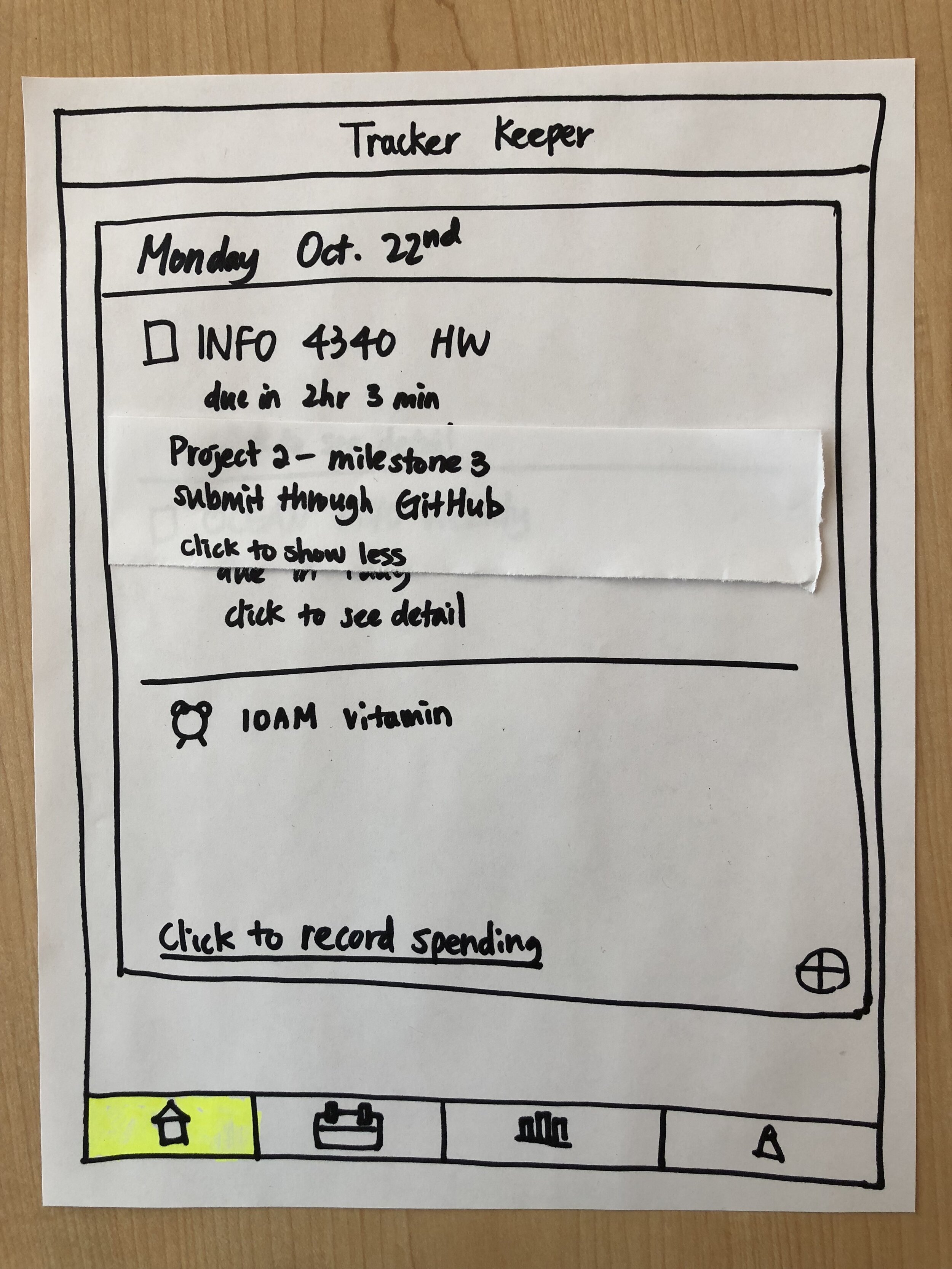 Hand-drawn sketch of a digital tracker keeper app or website with sections for date, tasks, and spending records, featuring icons for home, deposit, chart, and settings.
