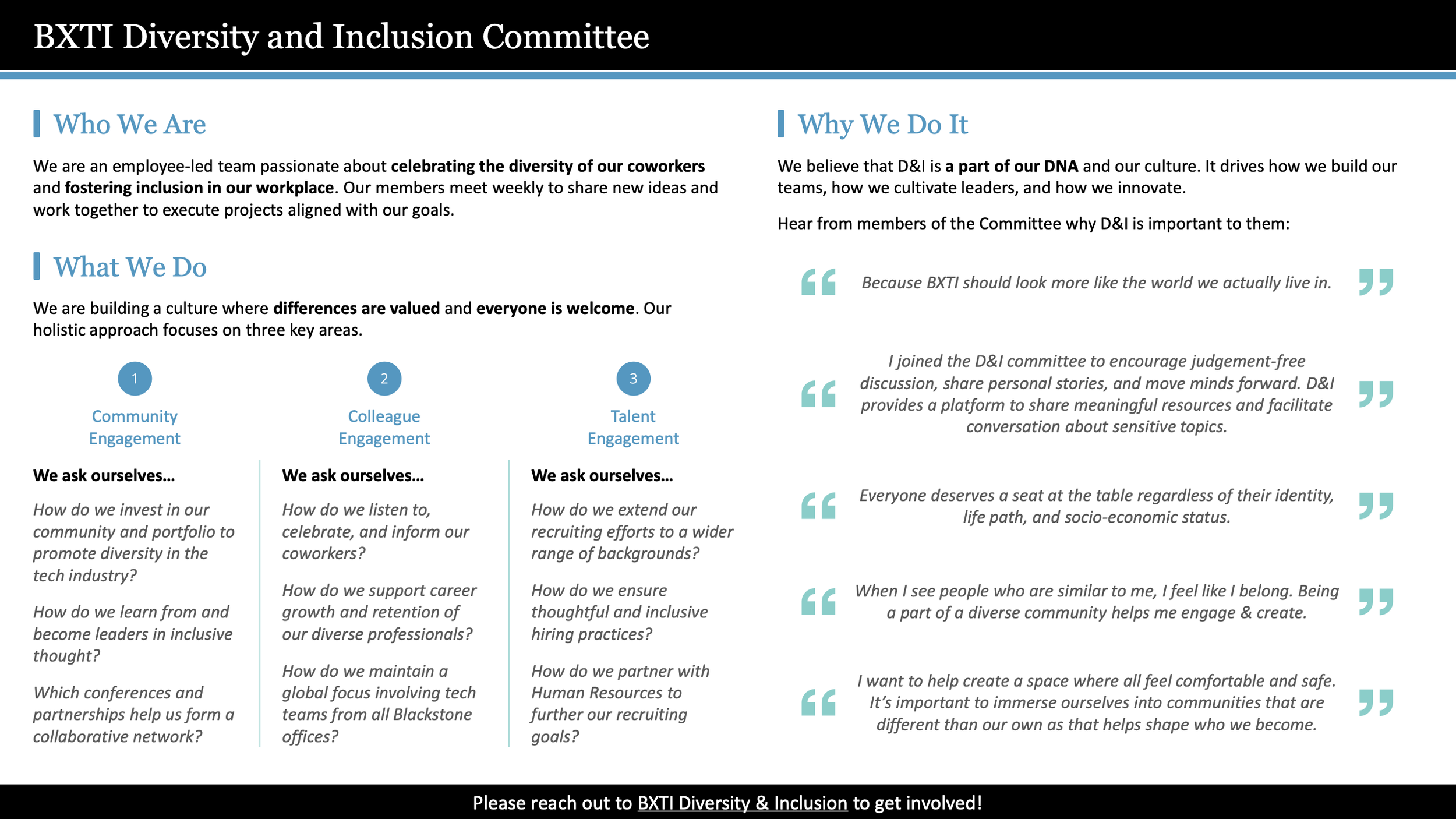 Overview of BXTI D&I Committee Structure, as of 2020. This is not representative of Blackstone's current Diversity, Equity, and Inclusion initiatives. 