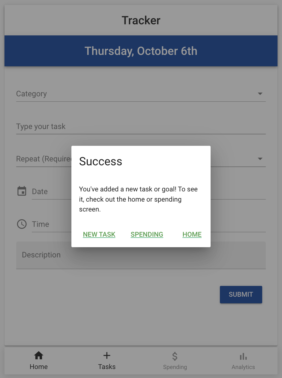 Successful Task Entry to Master List on Home Page