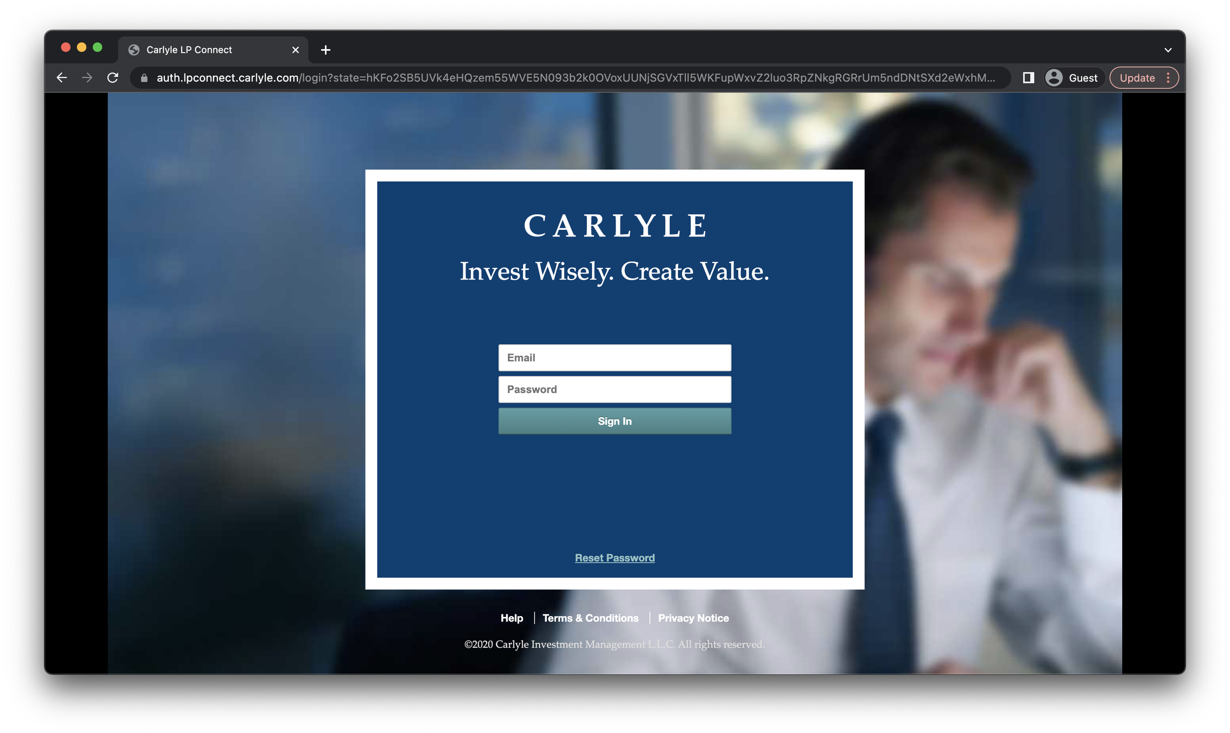 Screenshot of a login page for Carlyle LP Connect with fields for email and password, a sign-in button, and options for resetting password, on a dark-themed website background with a blurred image of a person.