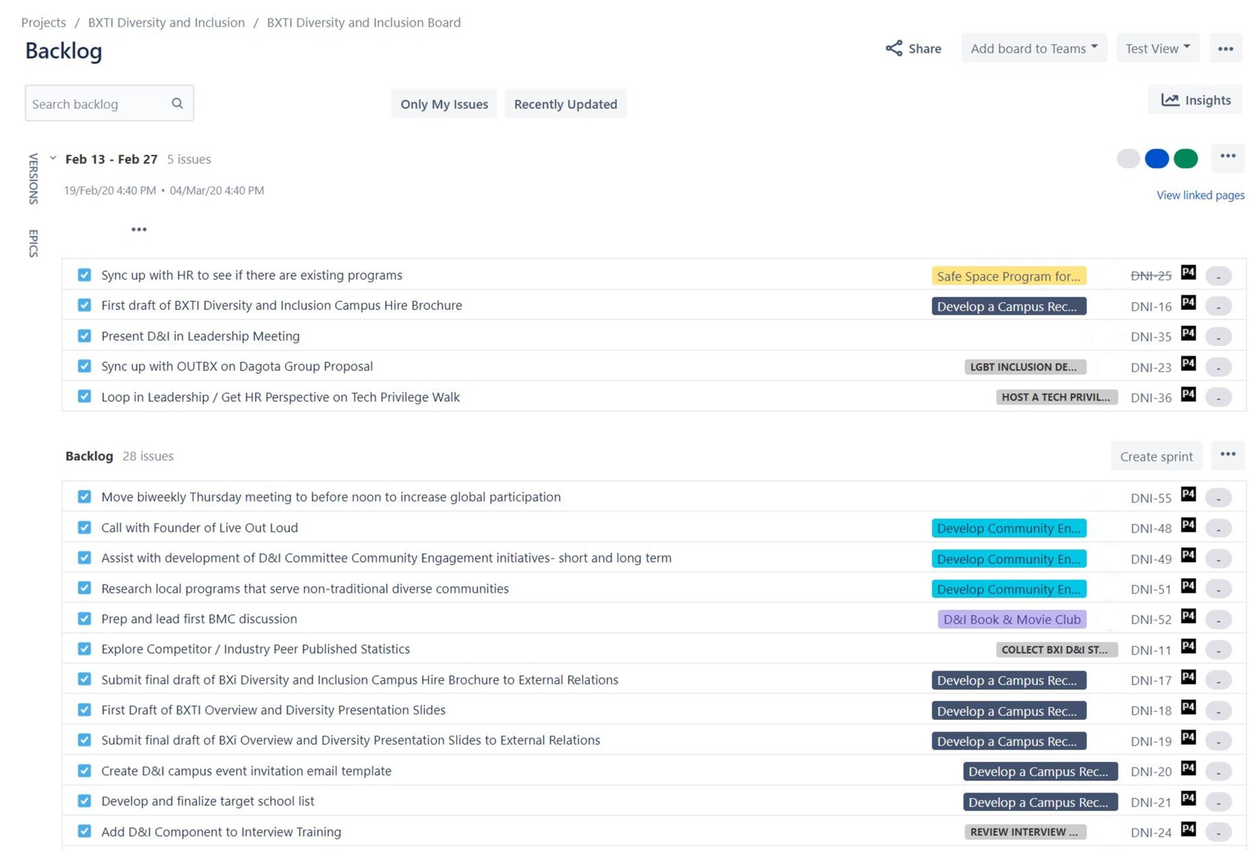 Screenshot of an online project management board titled 'Backlog' with various task items listed, including tasks related to diversity and inclusion initiatives, campus programs, and organizational activities.