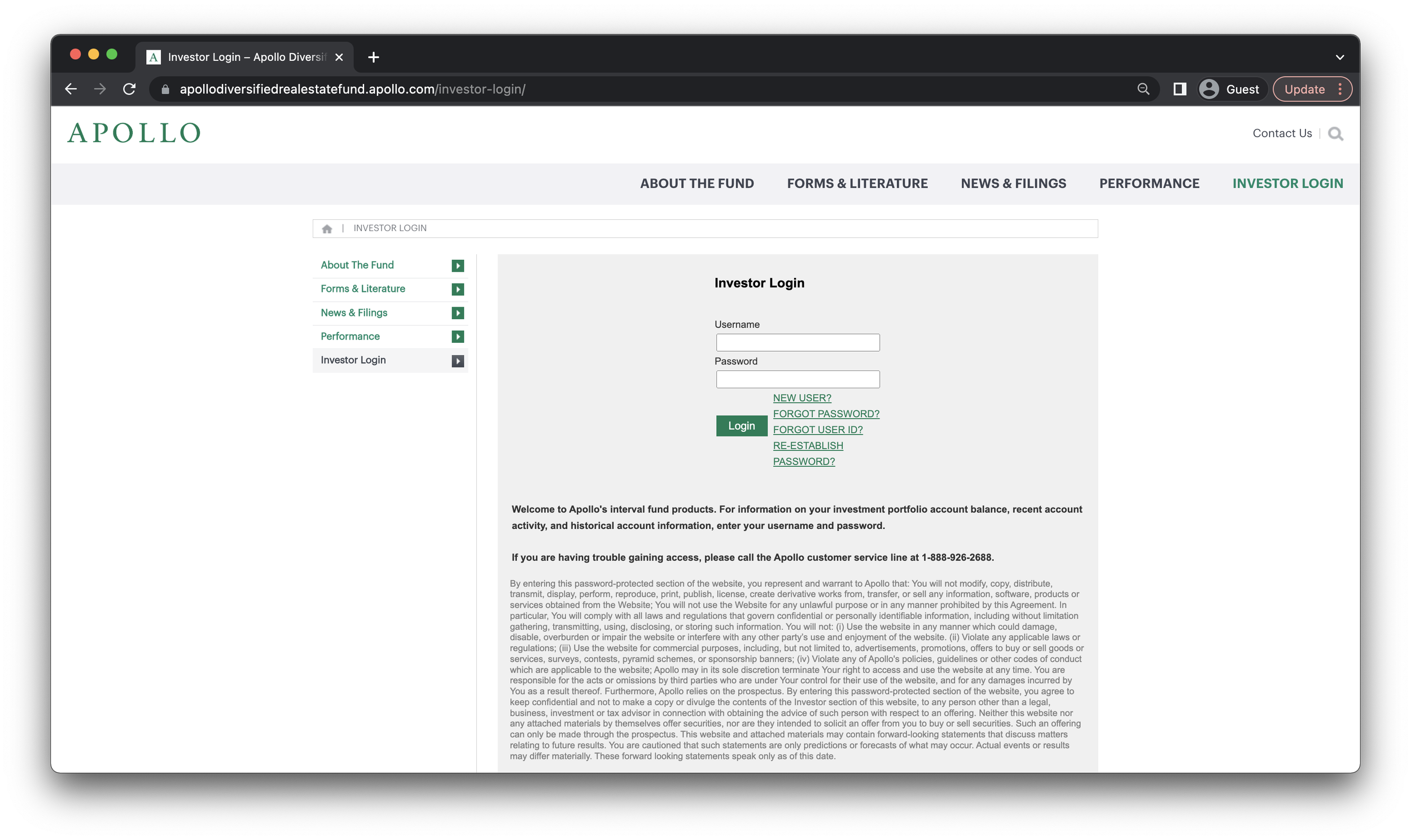 Screenshot of Apollo Divers real estate fund investor login page with fields for username and password, and links for new user registration, password recovery, and terms.