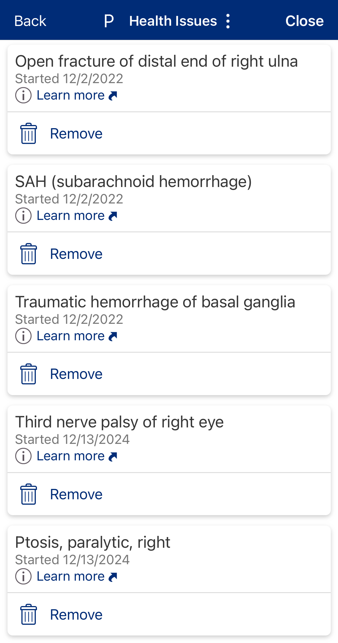 Screenshot of a medical history app with multiple treatment entries, including fractures, hemorrhages, nerve palsy, and ptosis, with options to learn more or remove each.