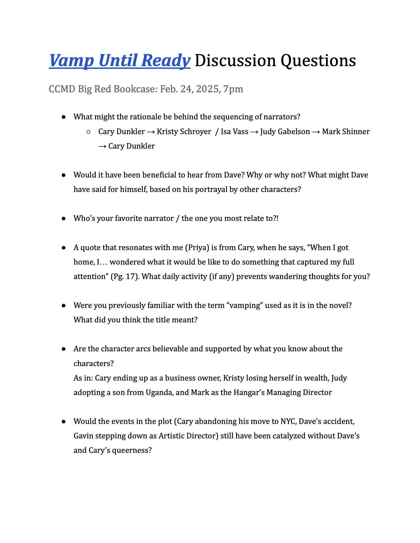 Discussion questions for a book club meeting of 'Vamp Until Ready,' including questions about narration, character arcs, plot events, and themes.