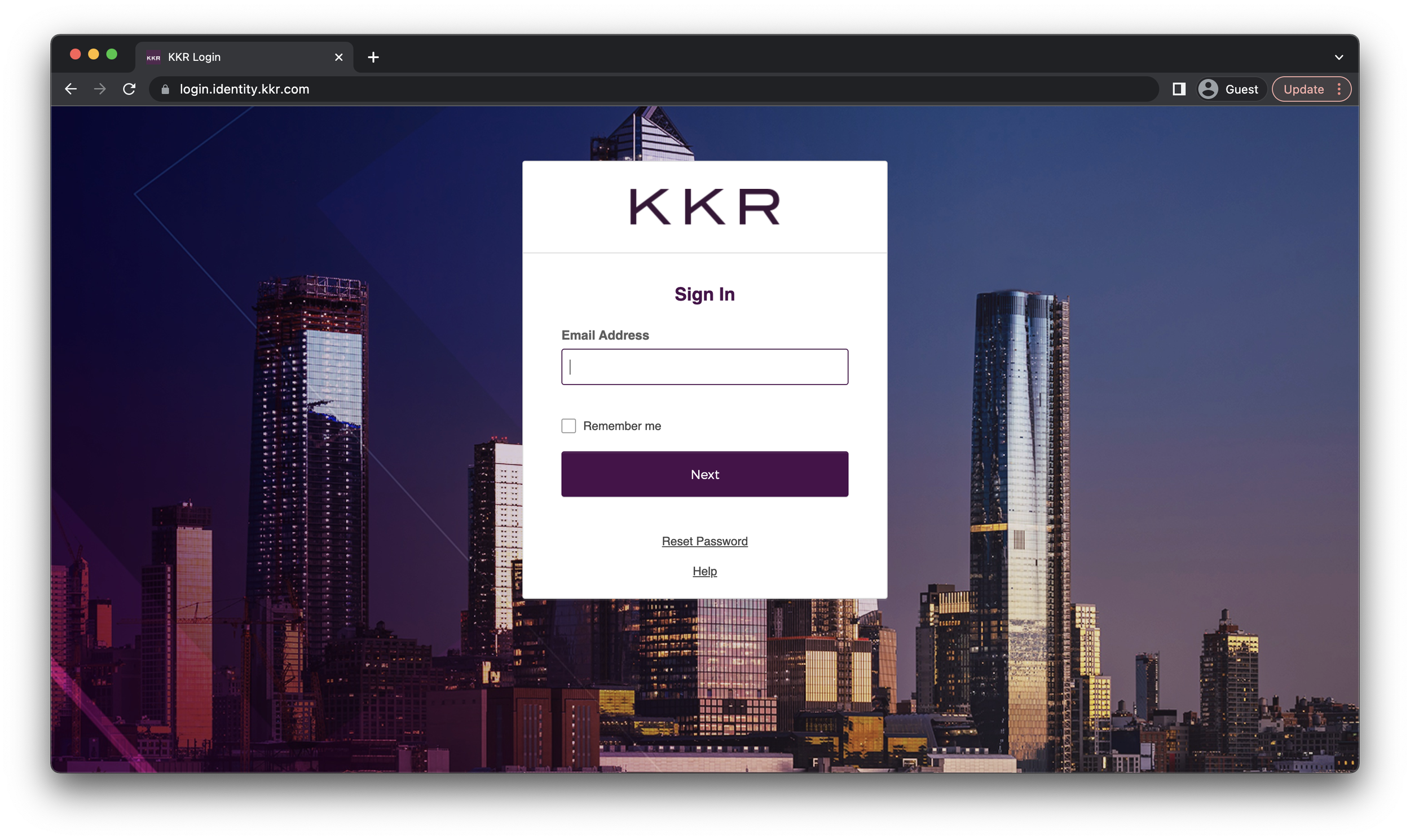 Login screen for KKR with a city skyline background at dusk. Includes fields for email address, remember me checkbox, and buttons for next, reset password, and help.