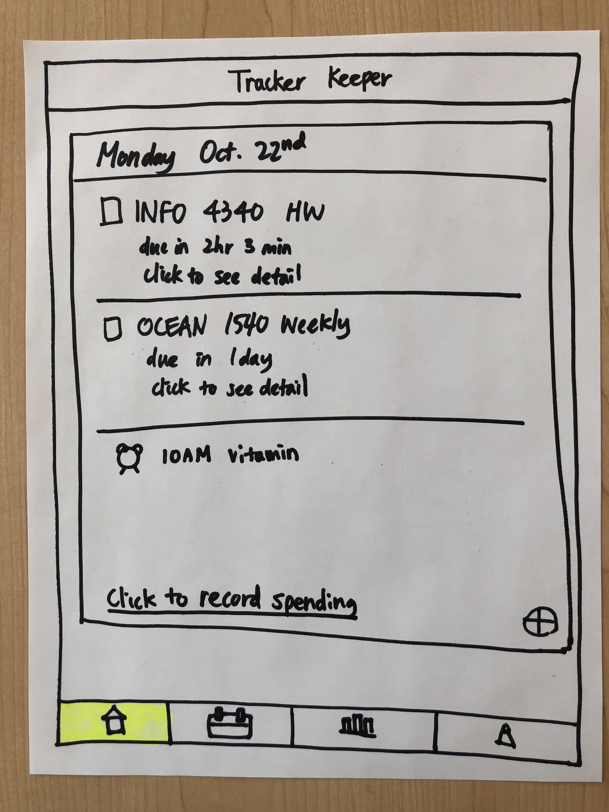 Hand-drawn digital interface of a tracker keeper with a list of tasks including dates, items to buy, and a record button, with a navigation bar containing icons of a house, a clipboard, a graph, and a triangle at the bottom.