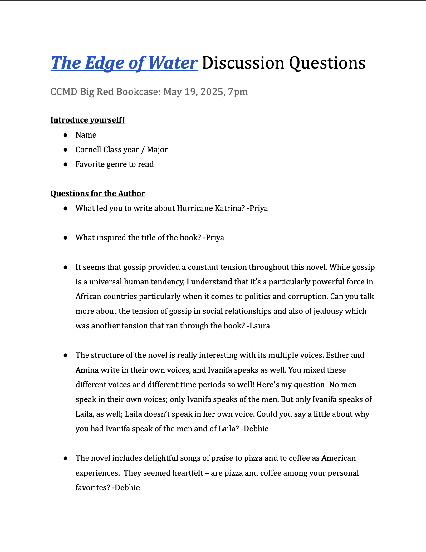 A flyer for a discussion event titled 'The Edge of Water'. The event is scheduled for May 19, 2025, at 7 pm at CMD Big Red Bookcase. The flyer includes sections for introducing oneself, questions for the author, and an explanation of the novel's themes, mentioning hurricane Katrina, social tension, and the structure of the novel. The text uses bold and underlined headings.