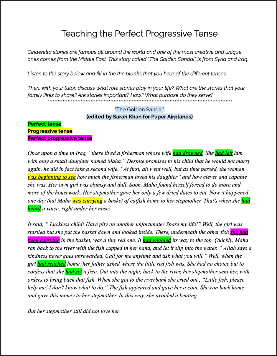 Educational page titled 'Teaching the Perfect Progressive Tense' with a story about a fisherman in Iraq and the use of different verb tenses, including highlighted and colored text for various tenses.