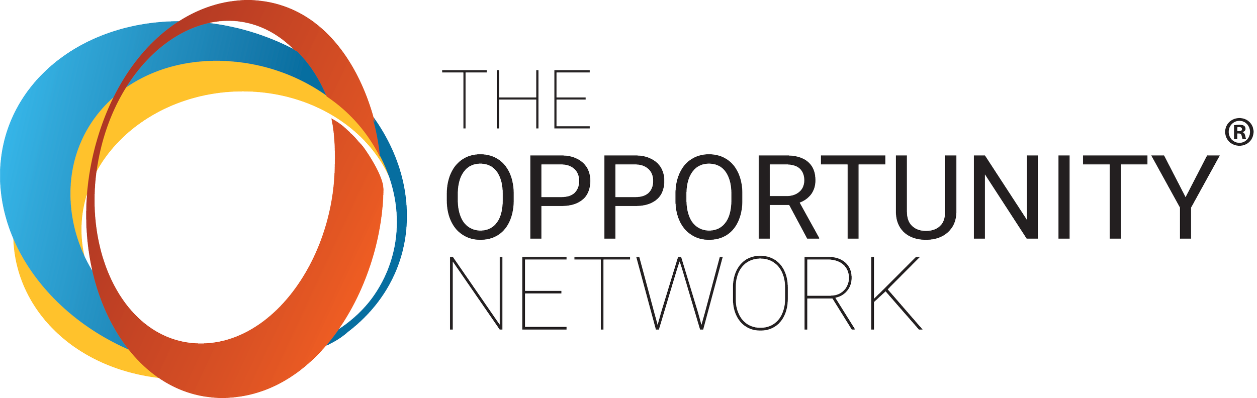 Logo of The Opportunity Network featuring overlapping colorful circles in blue, yellow, brown, and red, with the organization's name written in black text.