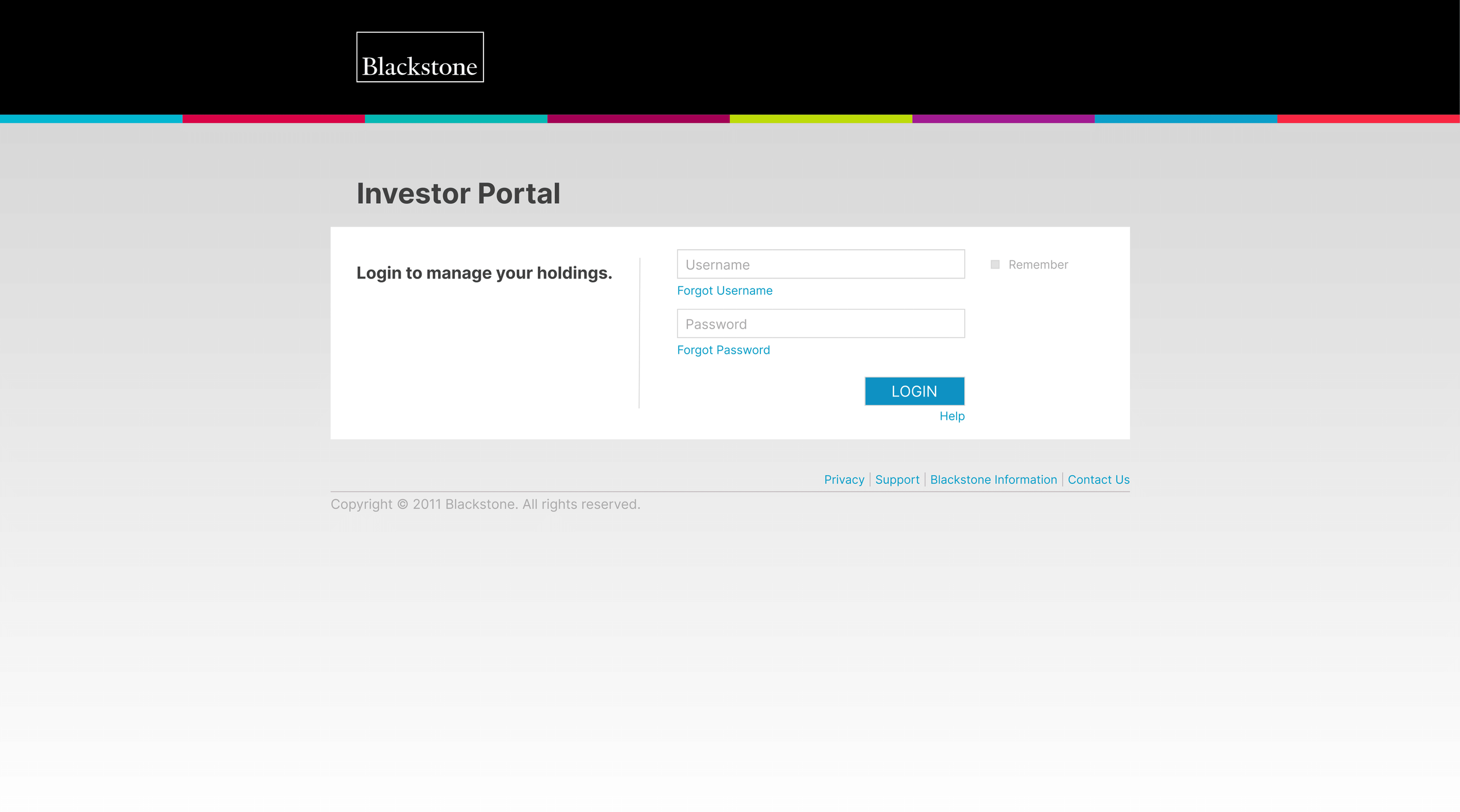 Blackstone investor portal login page with fields for username and password, and links for forgot username, forgot password, help, privacy, support, information, and contact.