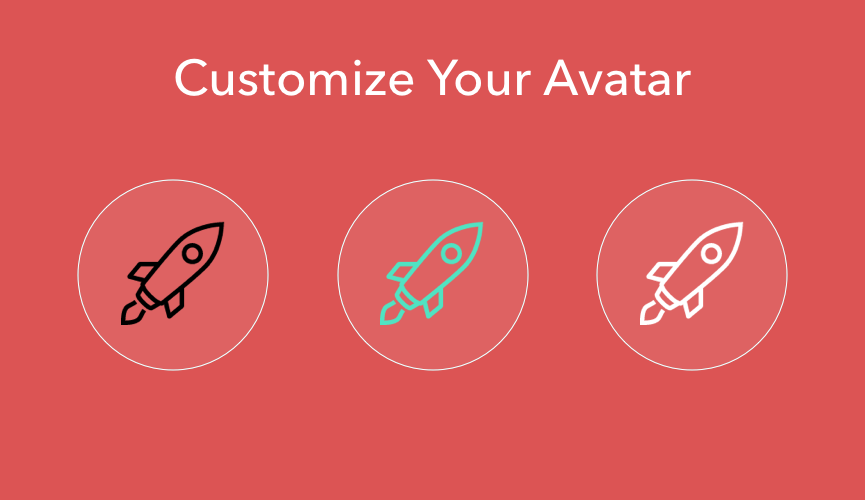 Screenshot of a website feature to customize an avatar, showing three rocket icons in black, teal, and white on a red background.