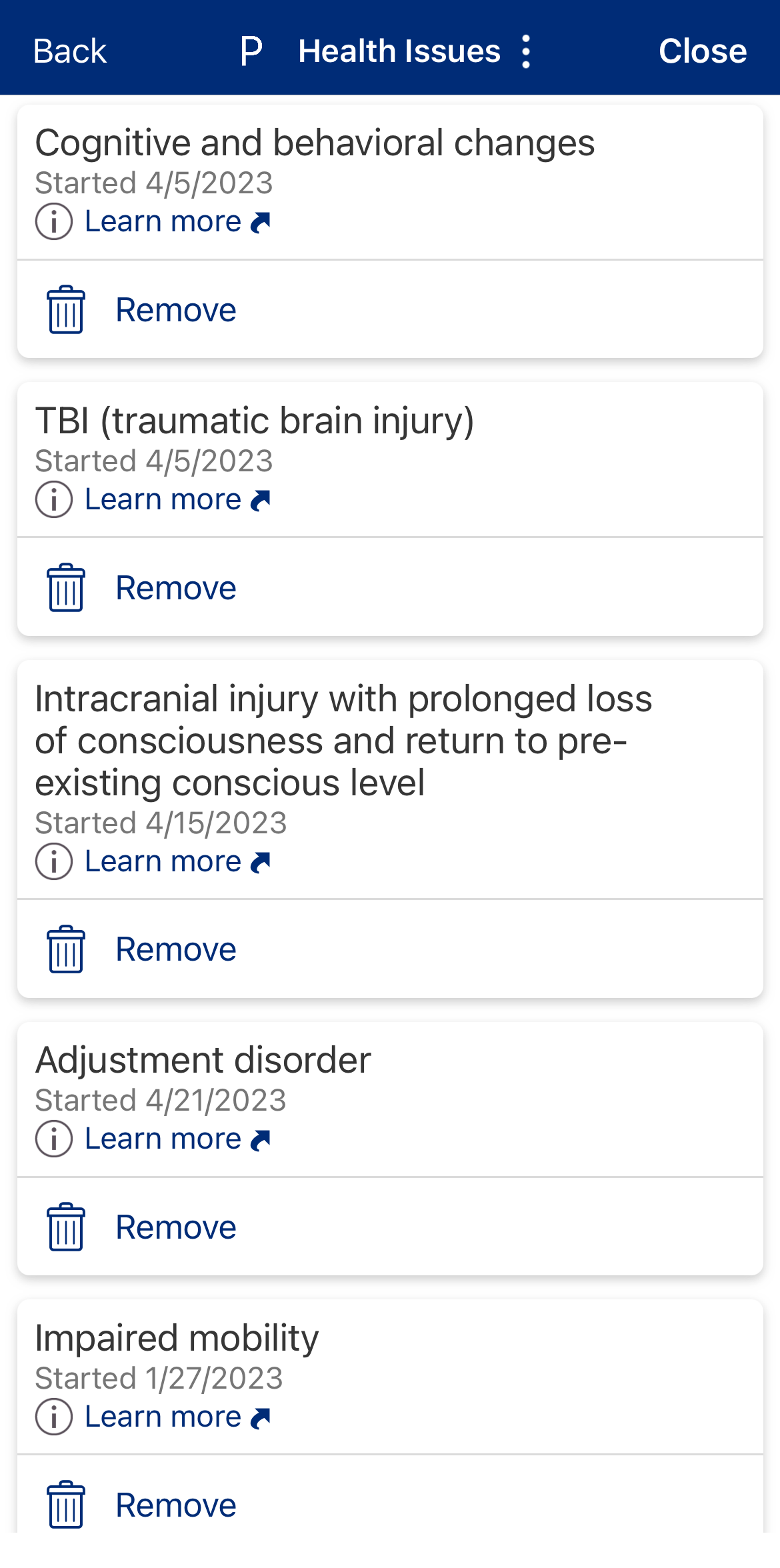 Screenshot of a health app page listing various mental health conditions and issues, such as cognitive and behavioral changes, traumatic brain injury, intracranial injury, adjustment disorder, and impaired mobility, with options to learn more or remove each item.