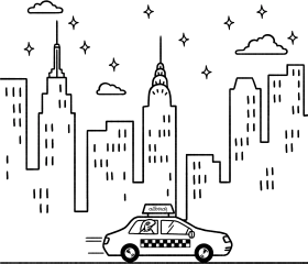 A black and white line drawing of a city skyline at night with tall buildings, a car on the street, and stars in the sky.