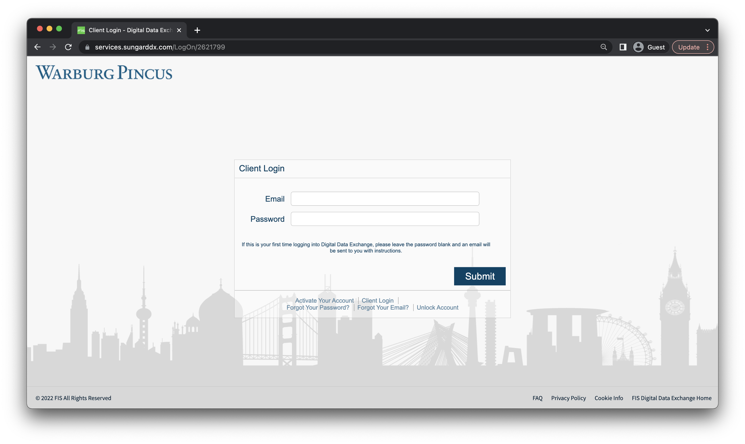 Screenshot of a login page for Digital Data Exchange with fields for email and password, a submit button, and a city skyline background. The URL bar shows services.sungardx.com.