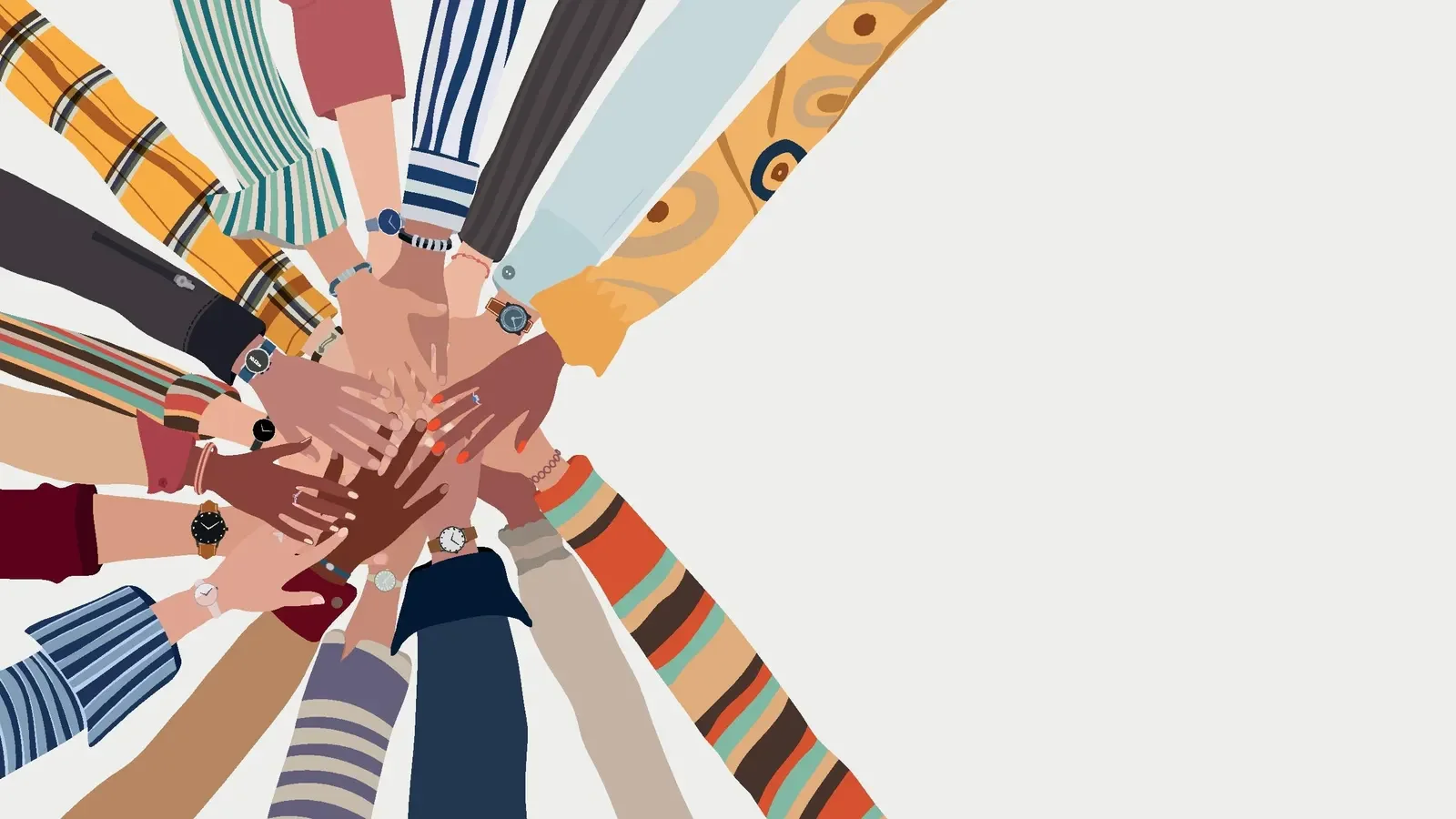 Diverse group of people with different skin tones and clothing styles placing their hands together in the center in a gesture of teamwork and unity.