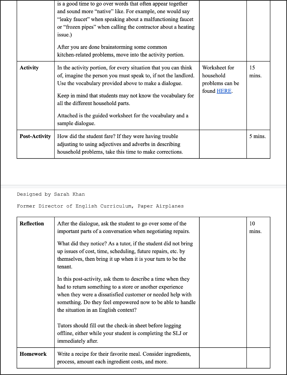 A detailed table outlining a lesson plan for teaching household vocabulary and communication skills, including activities, post-activity reflections, and homework assignments.