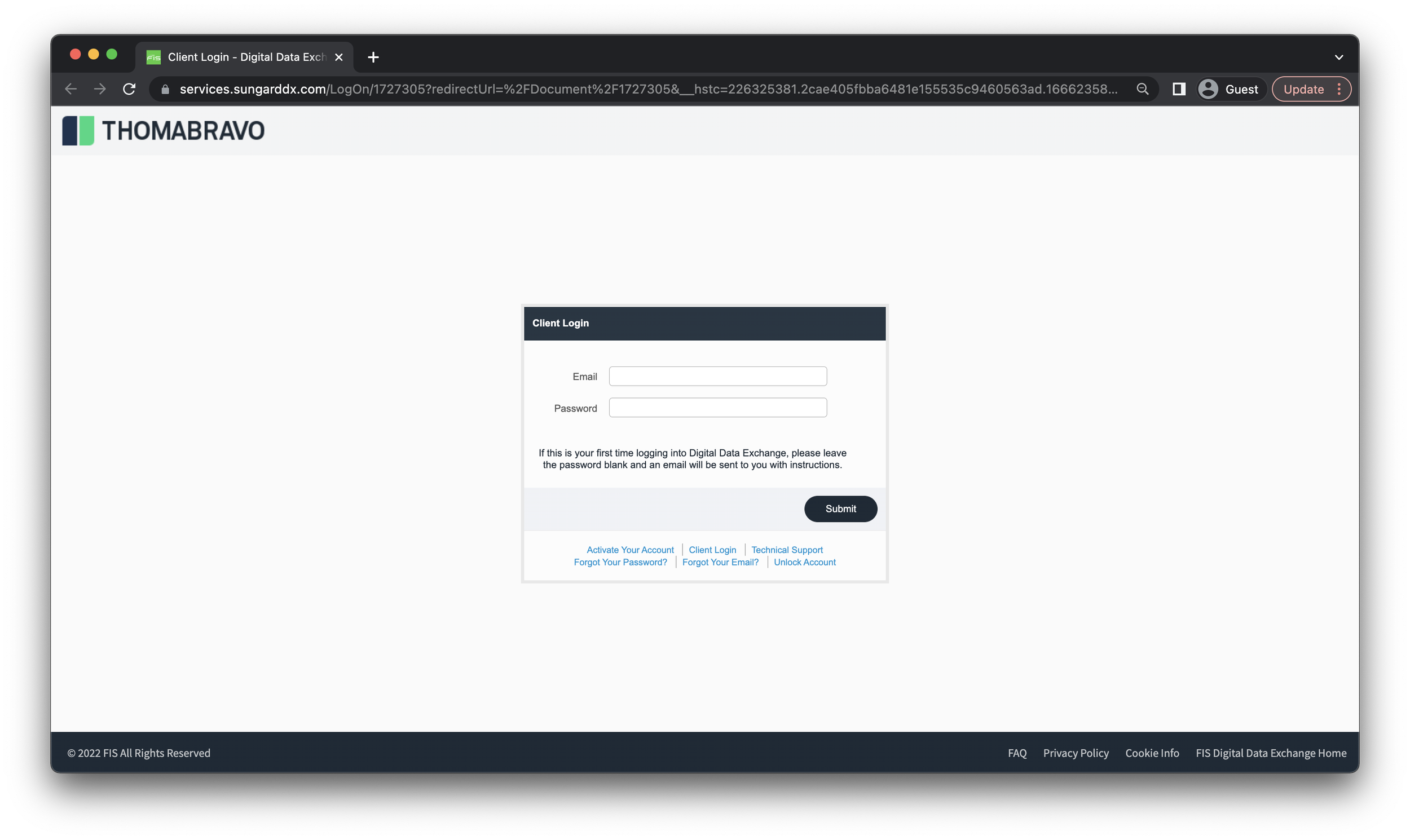 Screenshot of a login webpage for digital data exchange, with fields for email and password, a submit button, and links for account activation, password recovery, email recovery, and account unlocking.
