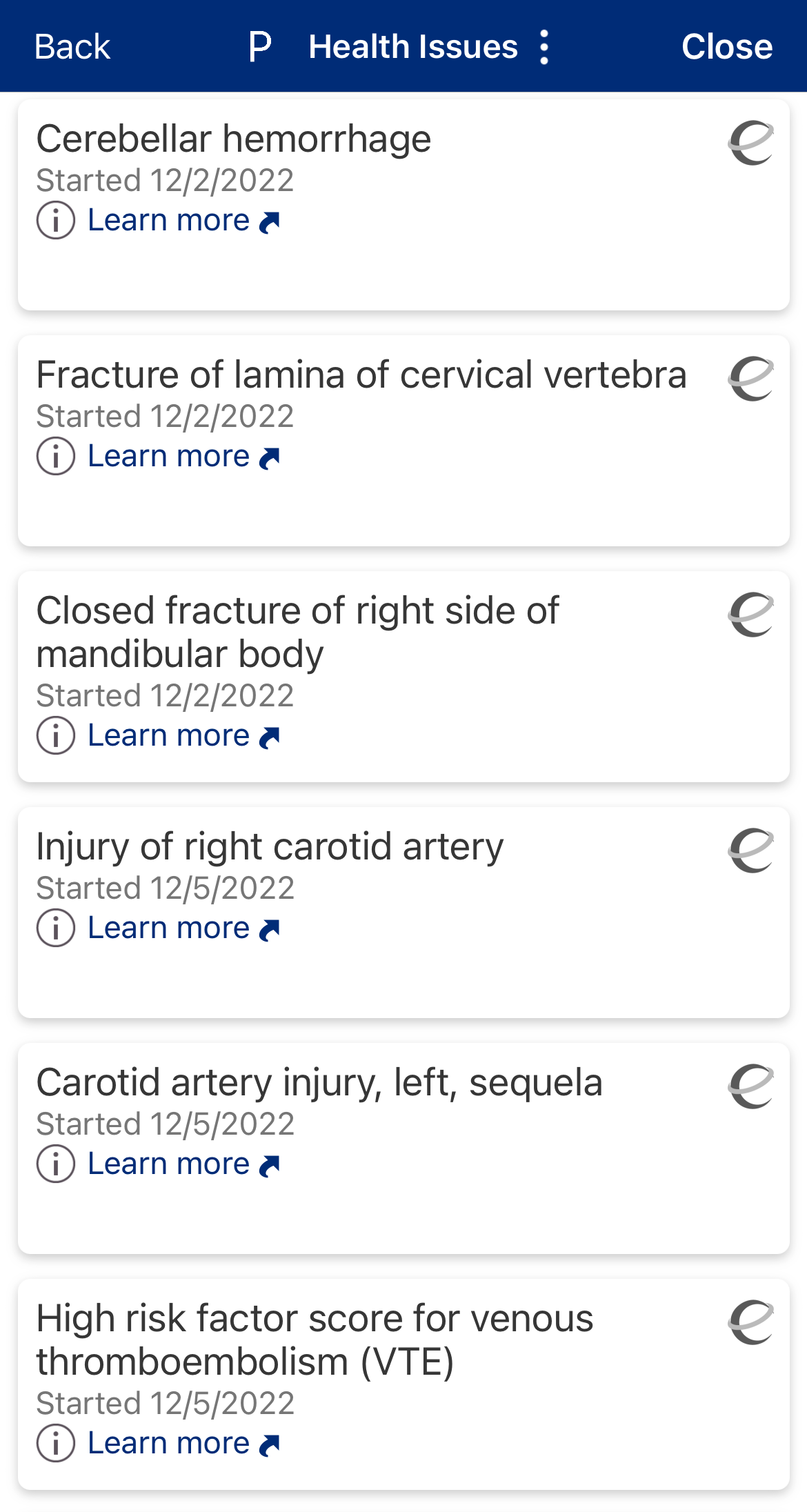 Medical app screen displaying diagnoses and health issues such as cerebellar hemorrhage, cervical vertebrae fracture, mandibular fracture, right carotid artery injury, and left carotid artery injury.