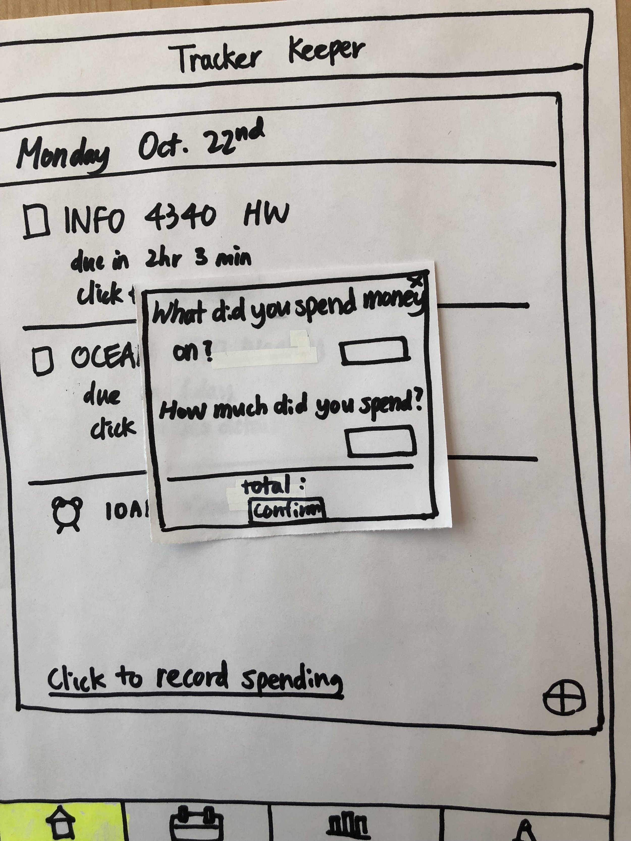 Hand-drawn planner page titled 'Tracker Keeper', with date October 22nd and Monday, featuring items like 'INFO 4340 HW' and questions about spending, along with checkboxes and a total amount section.