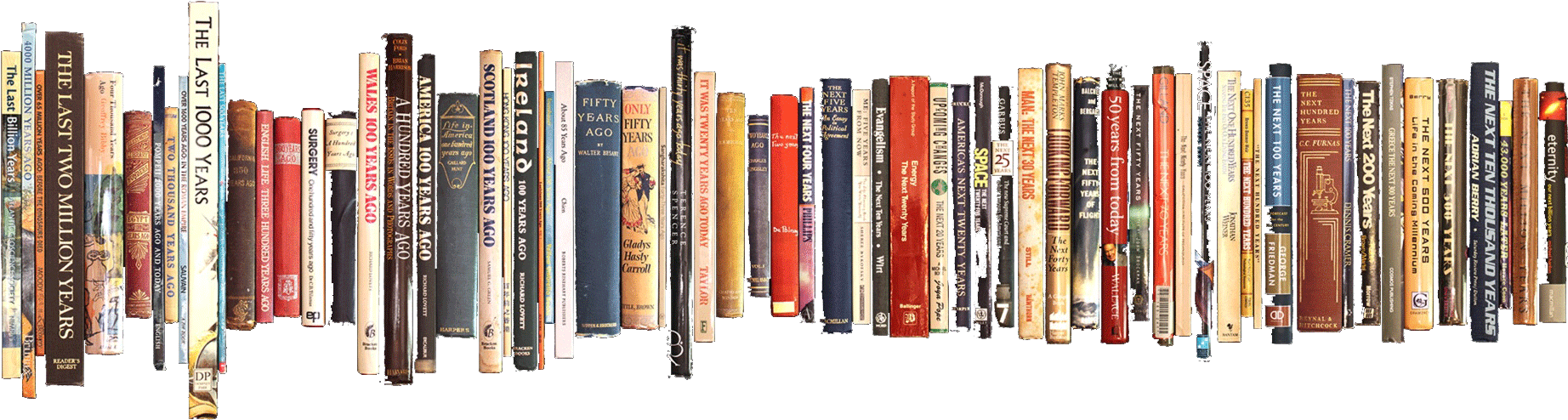 Bookshelf filled with various books, mainly about anniversaries and historical milestones like the 100 years, 150 years, 200 years, and 400 years.