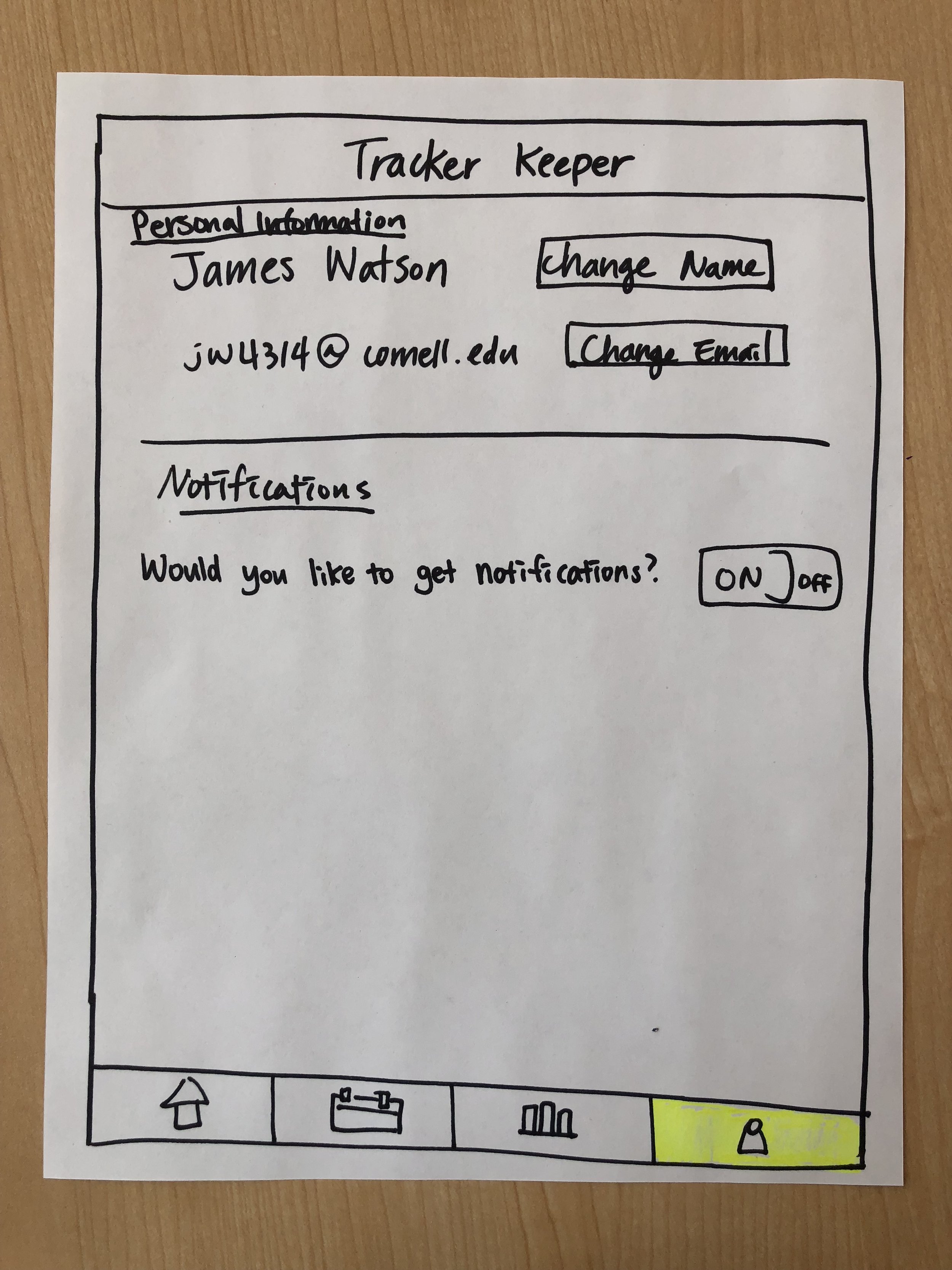 Hand-drawn bathroom sign titled 'Tracker Keeper' with personal information section, including name 'James Watson' and email 'jwl4314@lornell.edu', and a notification toggle set to 'ON'. The sign includes icons at the bottom for home, sink, bathtub, a