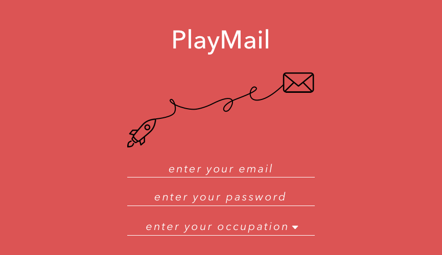 Red PlayMail login screen with a line drawing of a rocket connected to an email envelope, prompting for email, password, and occupation input.