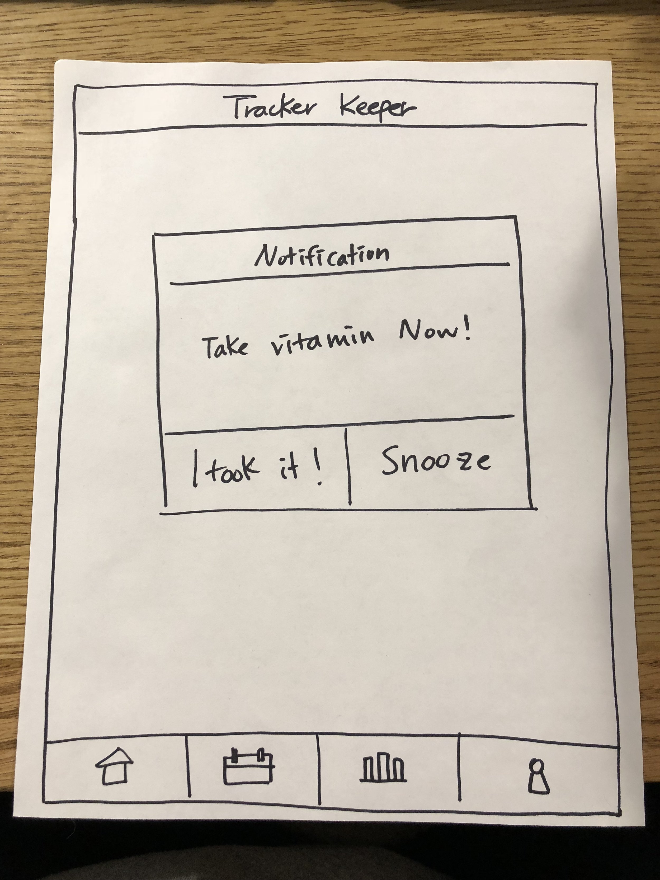 Hand-drawn graphic resembling a smartphone screen layout with icons at the bottom, a section labeled 'Tracker Keeper' at the top, and a notification box in the middle stating 'Take vitamin Now!'