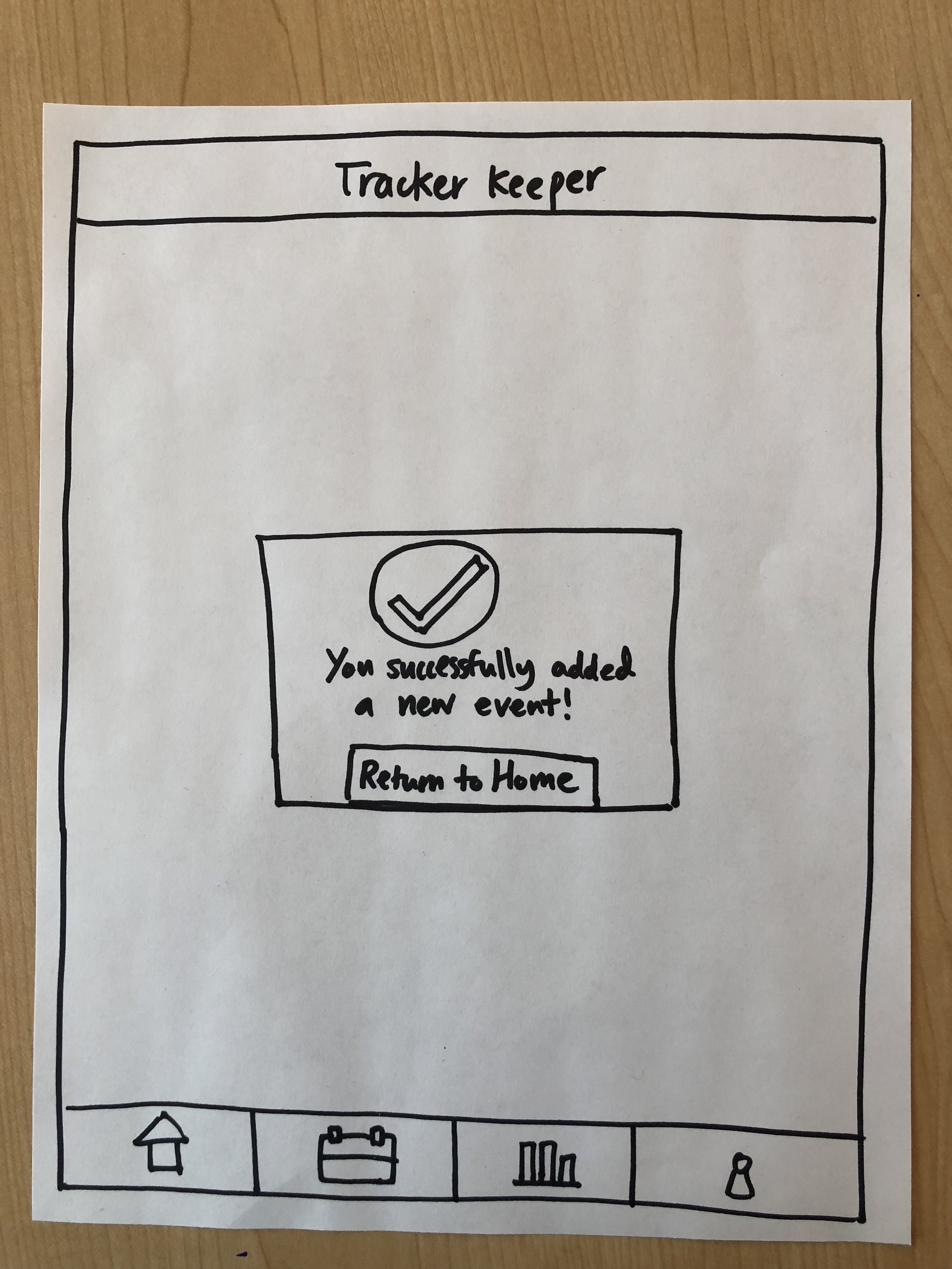A hand-drawn mockup of a mobile app interface with a top header labeled 'Tracker keeper', a success message with a checkmark icon reading 'You successfully added a new event!', and a button labeled 'Return to Home'. The bottom features a navigation b