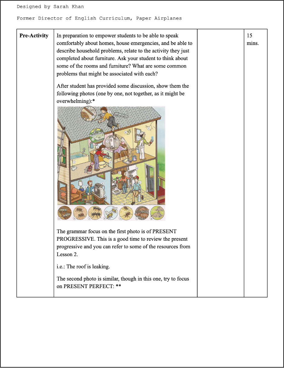Diagram of a house with children discussing household problems like leaking roof, chimney issues, and pest infestations, with images of pests and damage at the bottom.