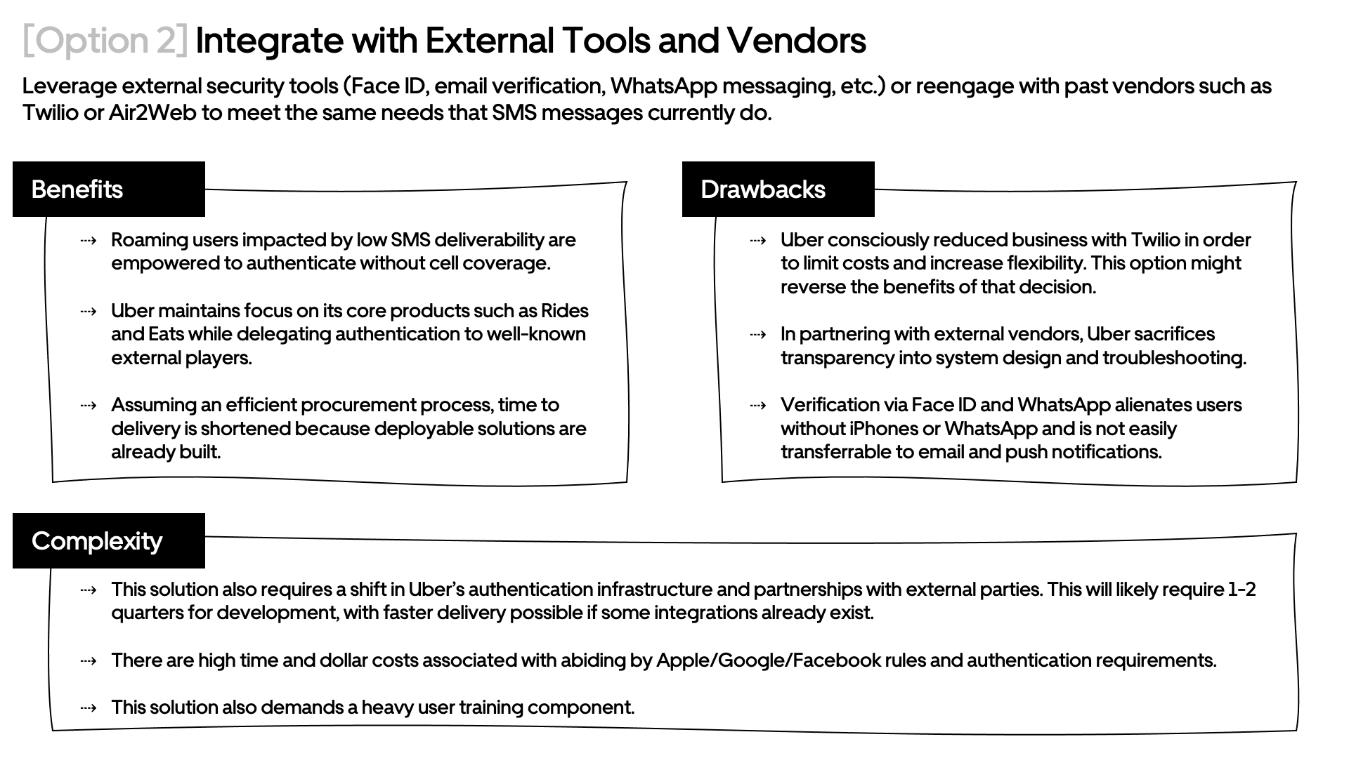 Page from a presentation discussing integrating external security tools and vendors, featuring sections on benefits, drawbacks, and complexity of the approach.
