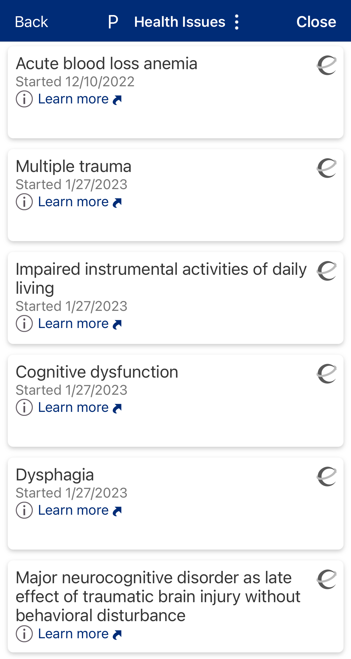 A screenshot of a medical app displaying issues related to mental health and neurological conditions, including acute blood loss anemia, multiple trauma, impaired instrumental activities of daily living, cognitive dysfunction, dysphagia, and major neurocognitive disorder, with start dates mainly on January 27, 2023.