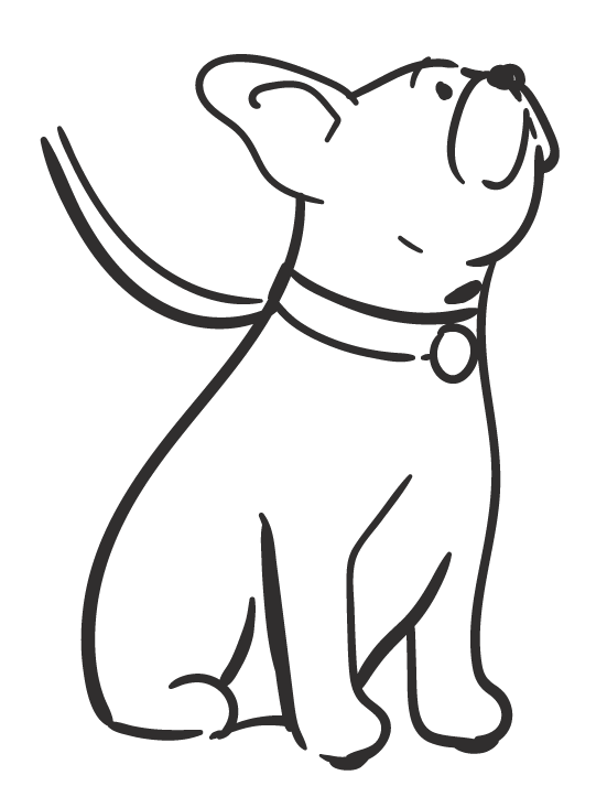Line drawing of a dog sitting, wearing a collar, facing slightly to the right.