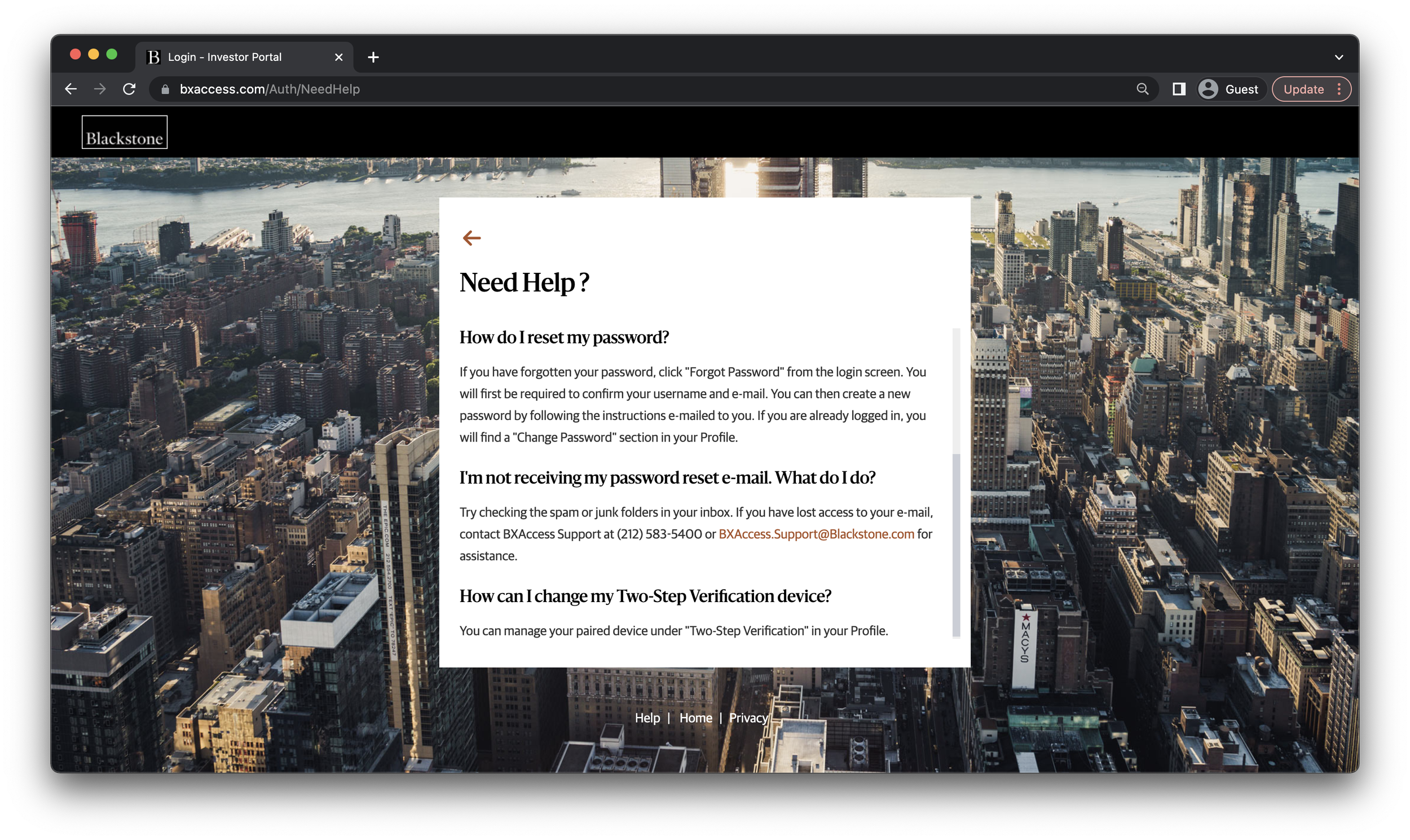 Screenshot of a Blackstone investor portal webpage with an aerial city view in the background, showing a river, numerous buildings, and skyscrapers.