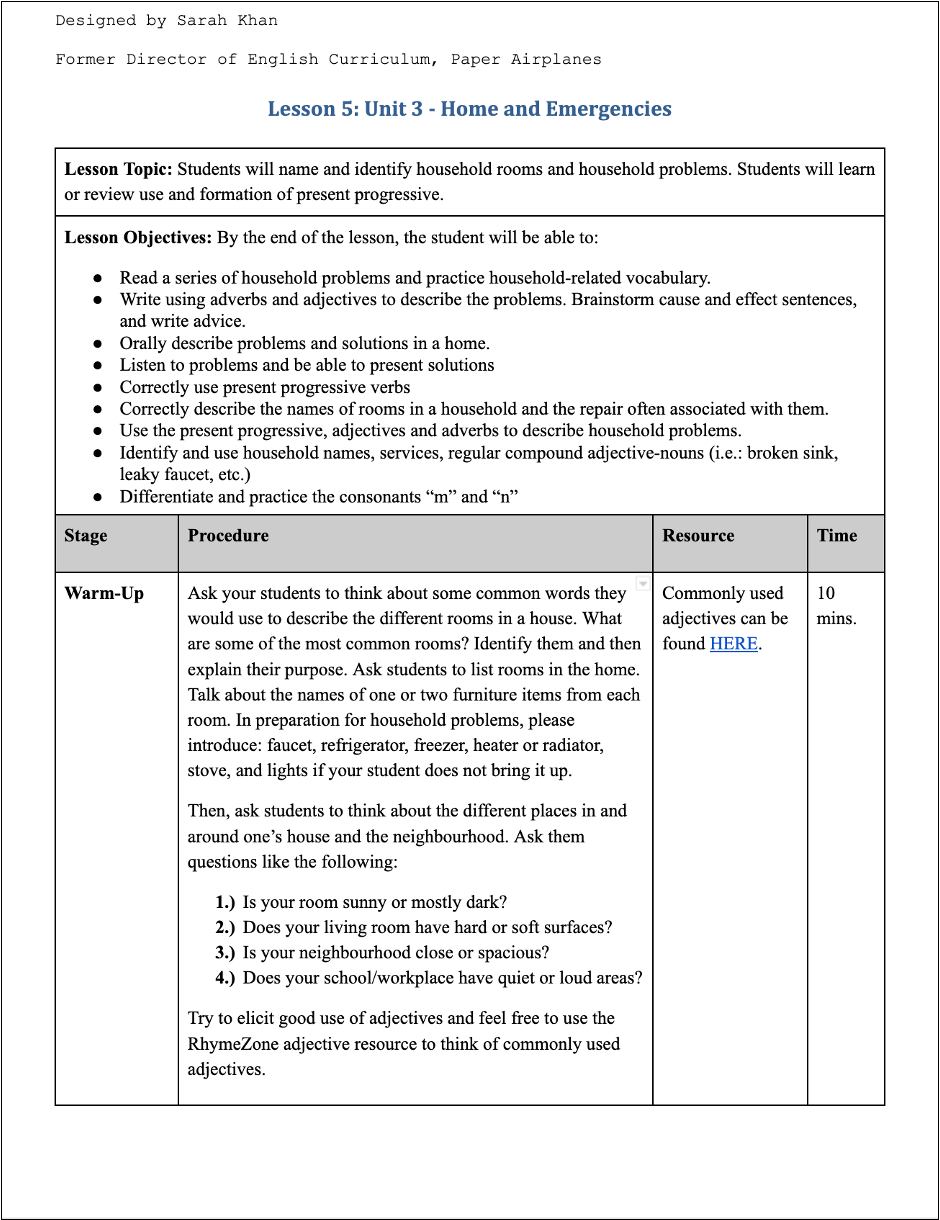Page from an educational curriculum document for English language learners, titled 'Lesson 5: Unit 3 - Home and Emergencies,' authored by Sarah Khan. Contains lesson objectives, procedures, and activities for teaching household-related vocabulary, problem solving, and present progressive verb usage.