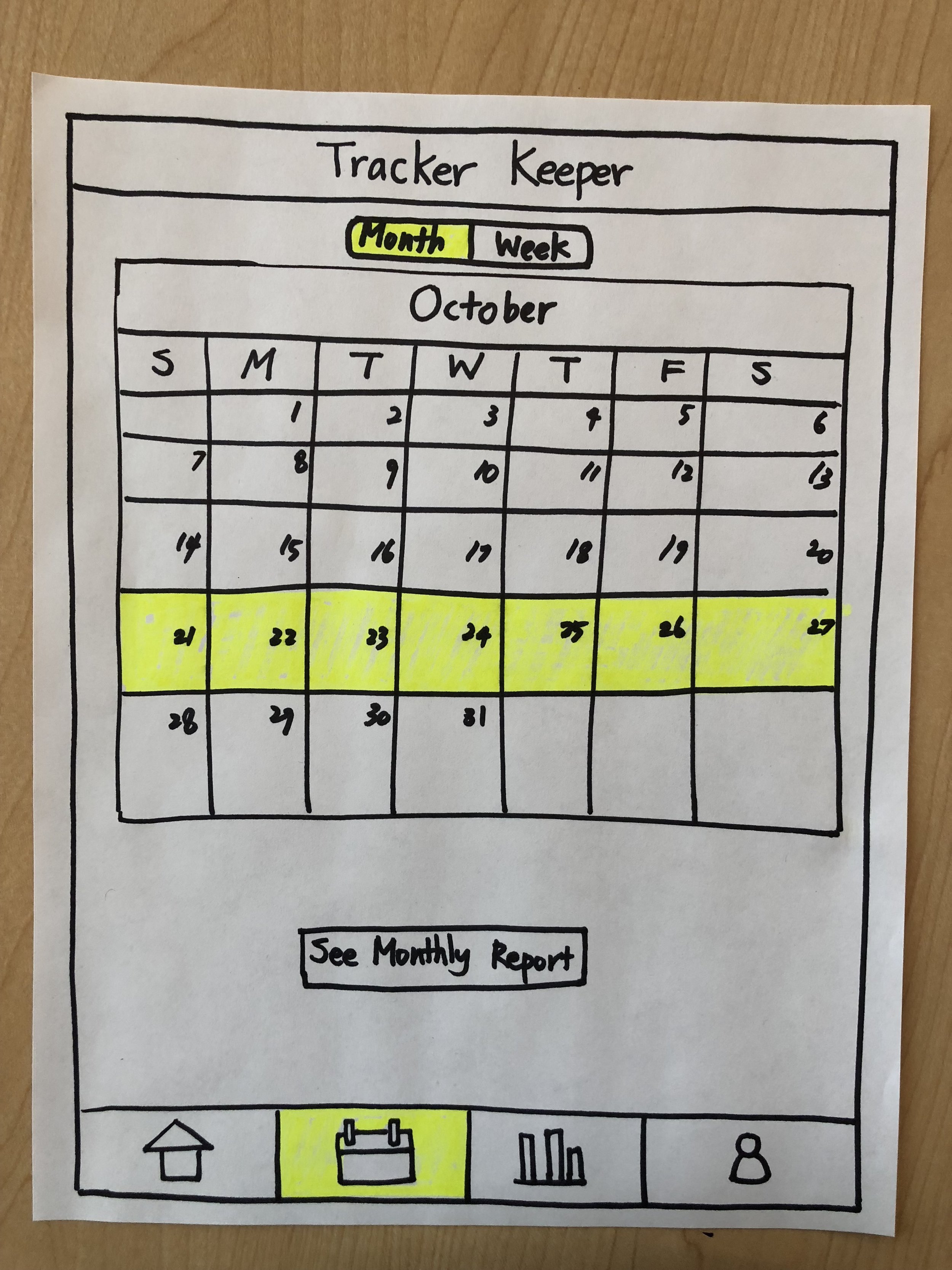A white paper tracker with the title 'Tracker Keeper' and options to track by 'Month' or 'Week.' The calendar is marked for October with dates filled in, and a row of dates from 21 to 27 highlighted in yellow. The bottom section has icons for home, c