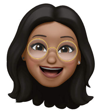 Animated woman with long black hair, glasses, and earrings, smiling widely.