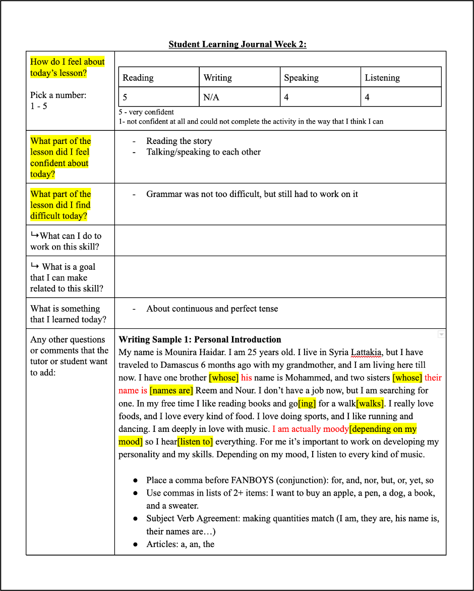 A weekly student learning journal with questions about the lesson, including confidence levels and difficulty, and a personal introduction essay highlighting students' preferences and goals, with highlighted answers and notes.