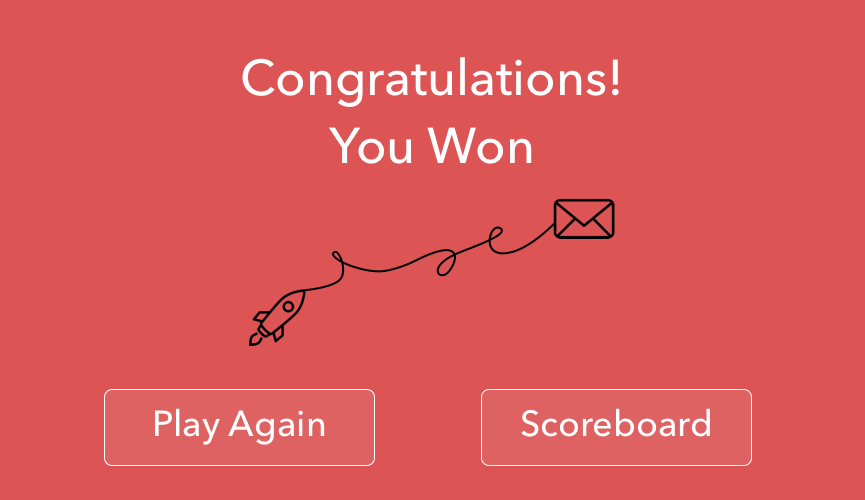 A digital game screen that says "Congratulations! You Won" with a rocket and envelope icon, and buttons labeled "Play Again" and "Scoreboard".