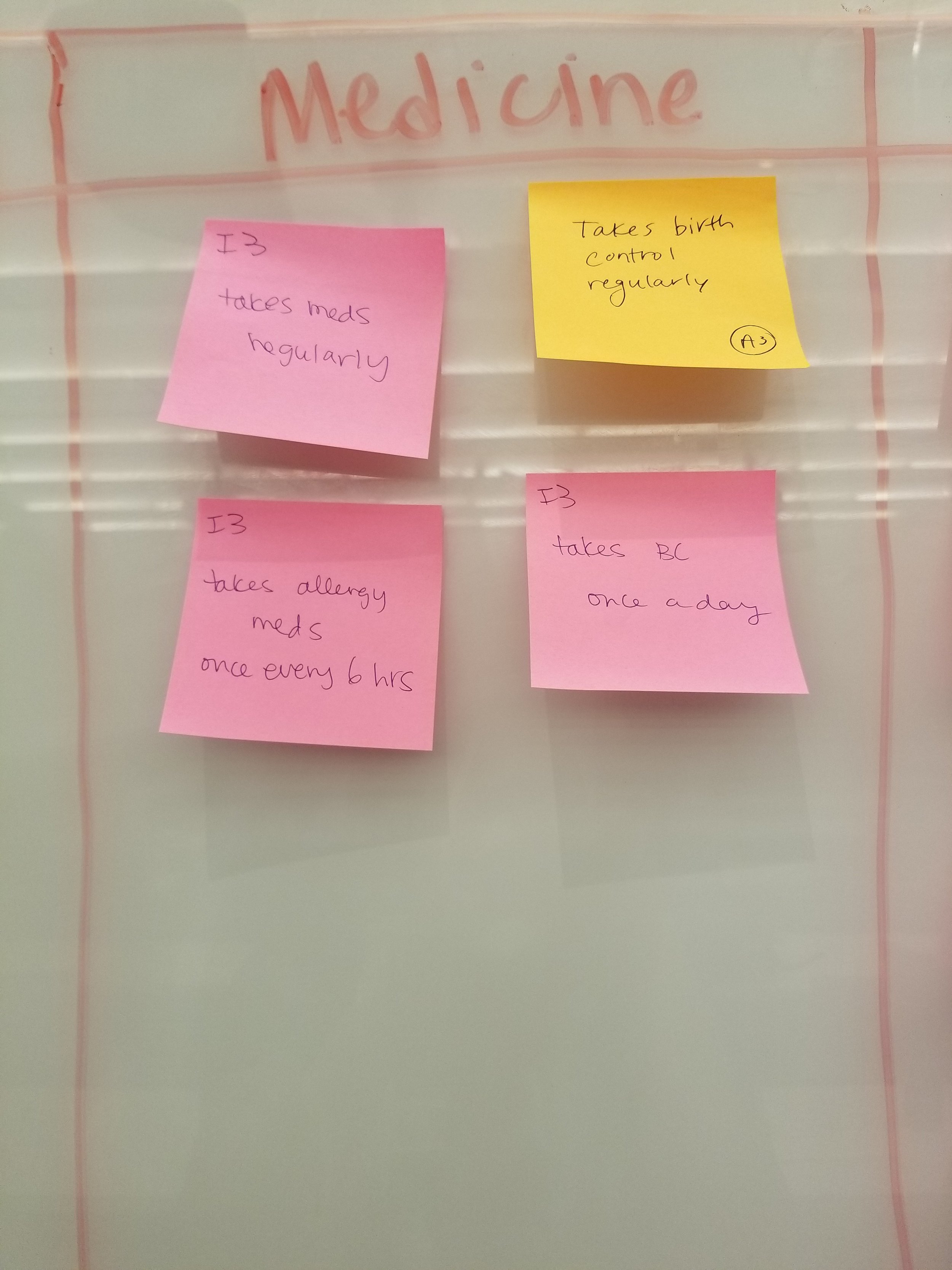 A whiteboard with the word 'Medicine' written at the top in red. Several sticky notes underneath contain various notes related to medication, including dosing schedules and allergy information.