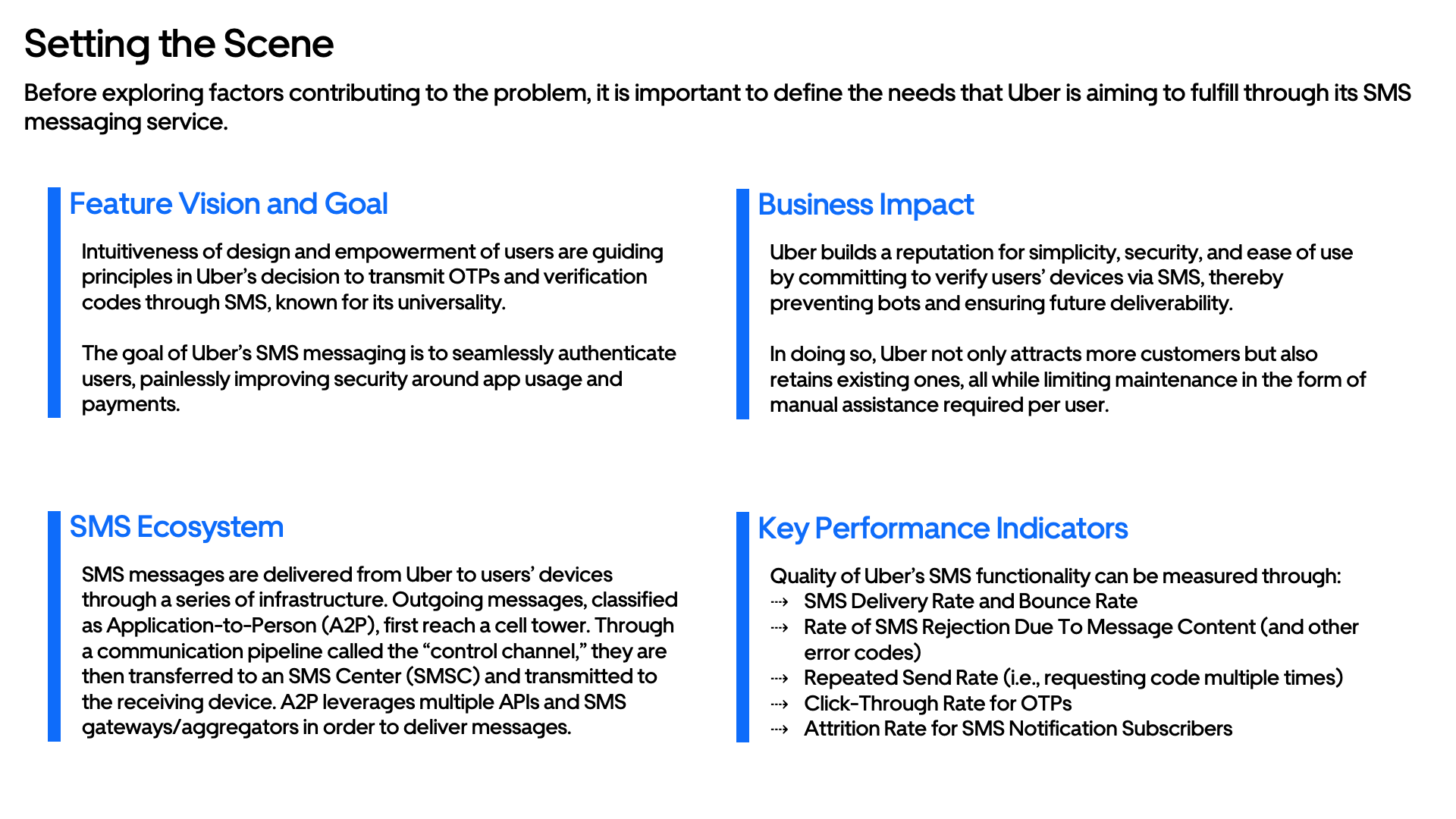 Text document titled 'Setting the Scene' with sections on feature vision and goal, business impact, SMS ecosystem, and key performance indicators, discussing Uber's SMS messaging service.