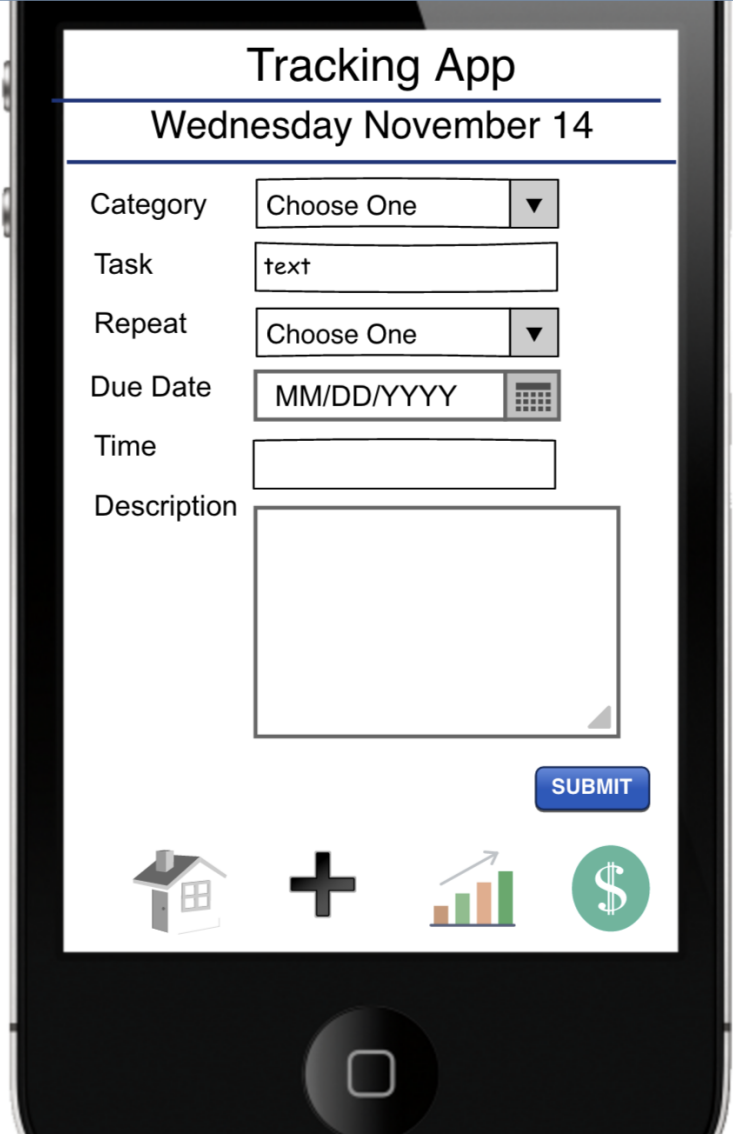 Mobile phone screen displaying a tracking app interface titled 'Tracking App' for Wednesday, November 14. The form includes fields for category, task, repeat, due date, time, and description, with options to submit or navigate using icons at the bott