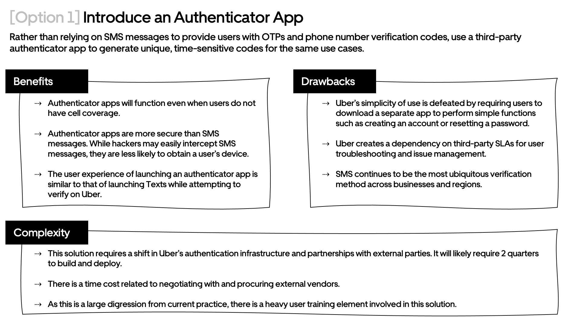 A diagram explaining the benefits, drawbacks, and complexity of introducing an authenticator app to replace SMS for verification, with text boxes connected by lines.